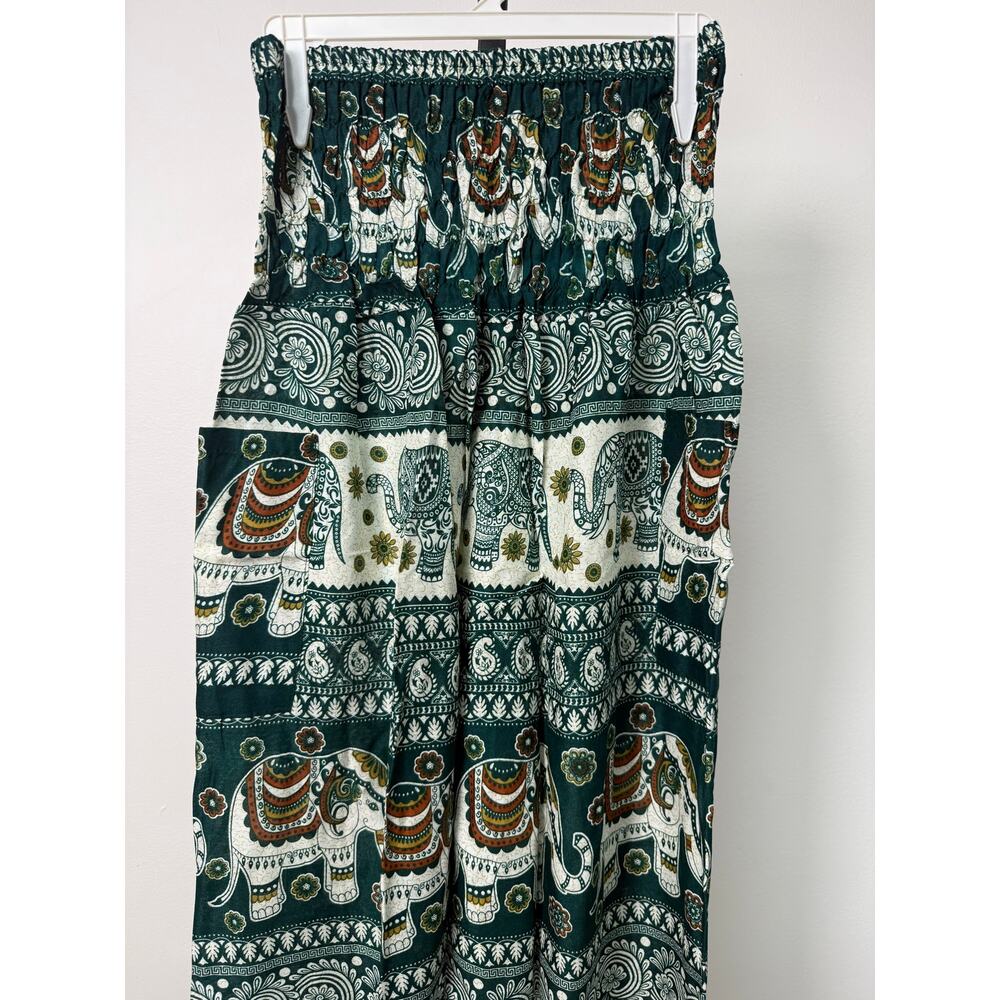 Boho Elephant Print Wide-Leg Pants in Green - Picture 3 of 6